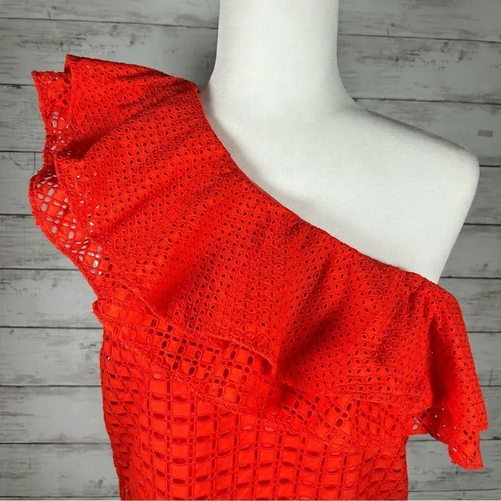 J. Crew One Shoulder Cotton Eyelet Ruffle Red Lined Top 2 Runs Medium 6/8